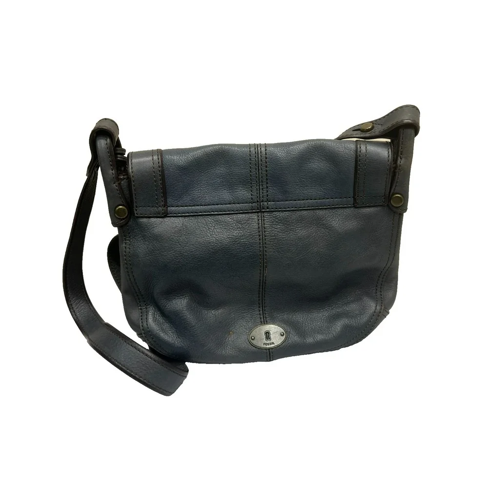Fossil Vintage Revival Flap Crossbody Purse‎ Dark Gray Leather Turn Lock Charm